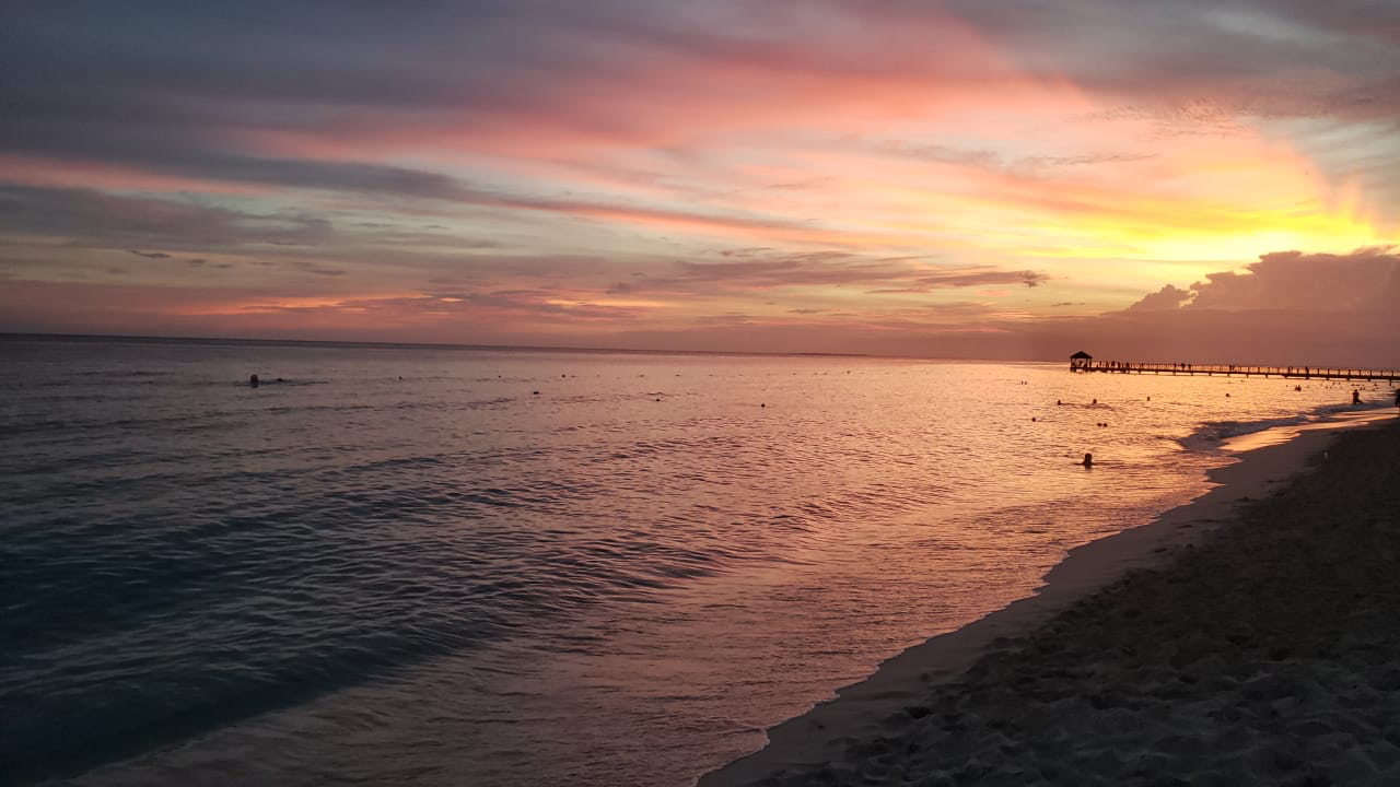 Coucher de soleil rosé sur une plage et l'océan